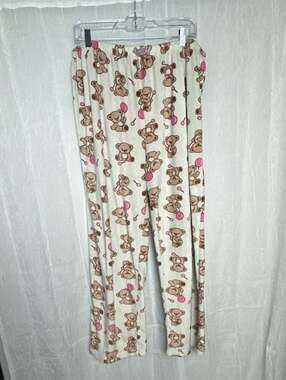 Five Below Printed Plush Lounge Pants Cream Pink Teddy Bear Balloons Pajama Slee